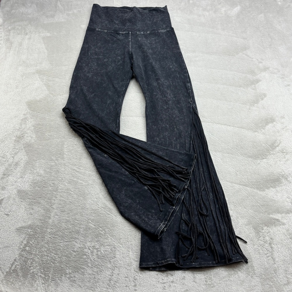 T-Party Flare Leggings Women S Black Acid Wash Fringe Bell Bottom Boho Western